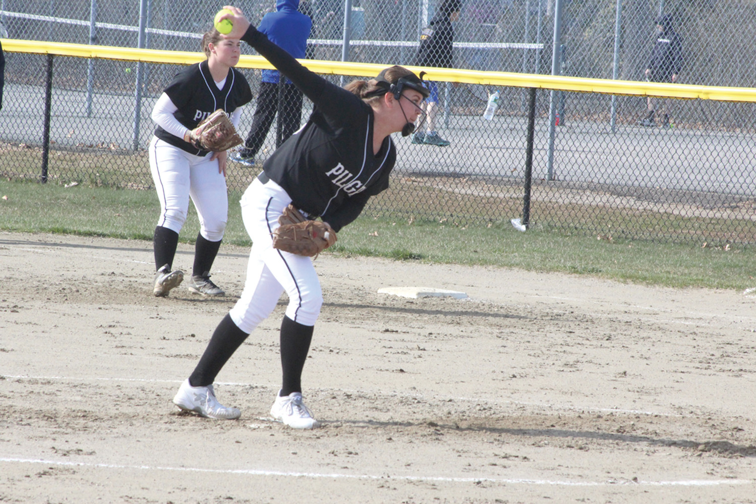 GIVING IT HER ALL: Emily Carter pitched all seven innings for the Patriots against the Quakers, keeping them in the game all the way until the last inning , when Moses Brown’s Liv Murray hit a go-ahead two-run double.